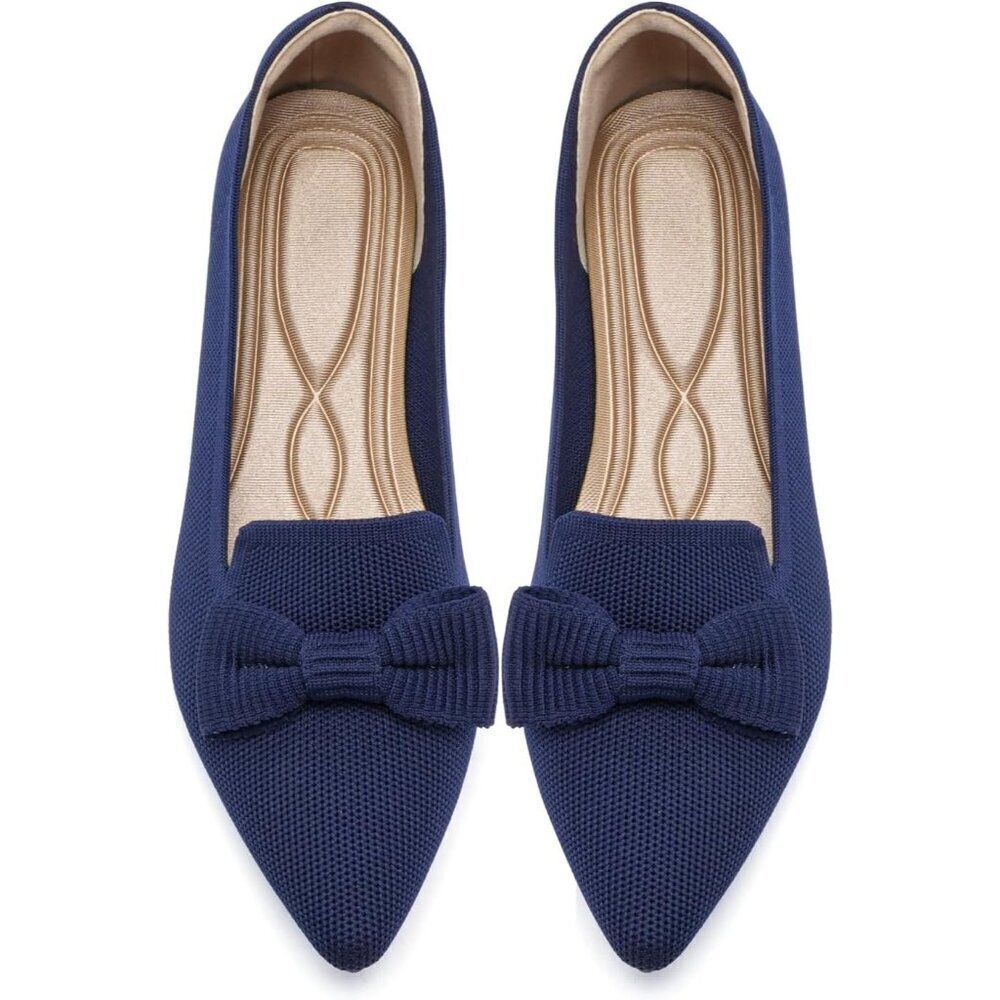 Women Mesh Ballet Blue Flats Bow Pointed Toe Comfortable Dress Shoes for Work